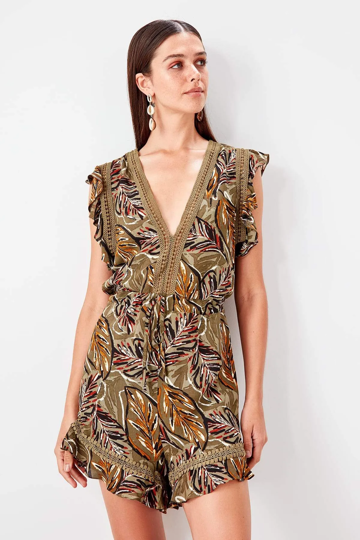 13693 Khaki Floral Shorts Jumpsuit