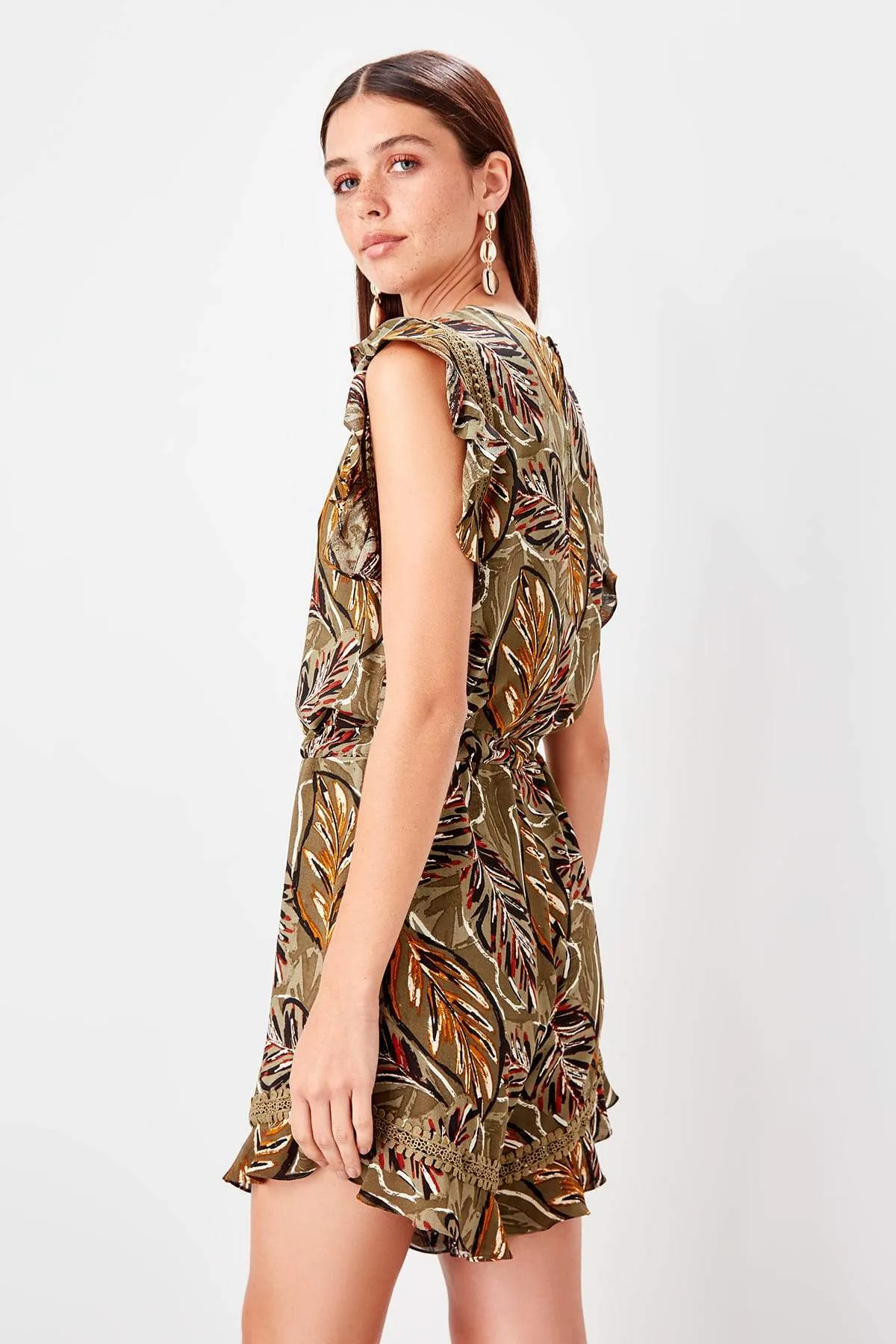 13693 Khaki Floral Shorts Jumpsuit
