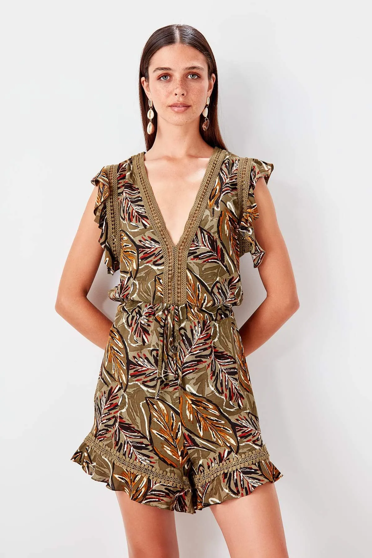 13693 Khaki Floral Shorts Jumpsuit