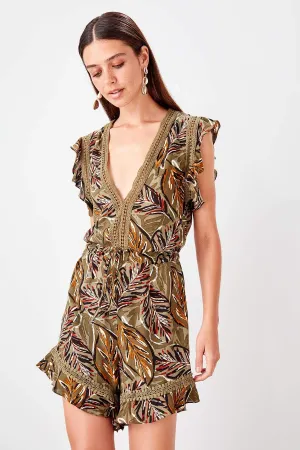 13693 Khaki Floral Shorts Jumpsuit