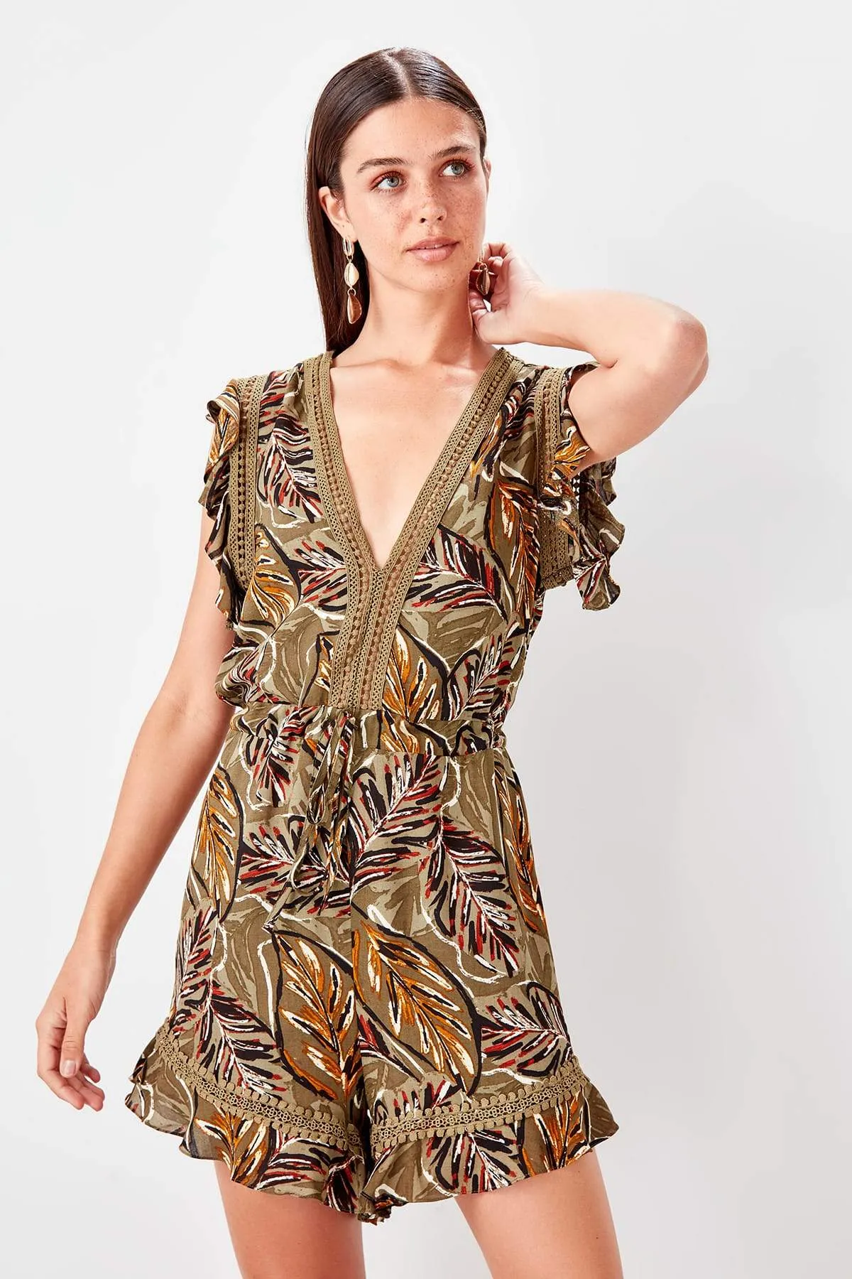 13693 Khaki Floral Shorts Jumpsuit