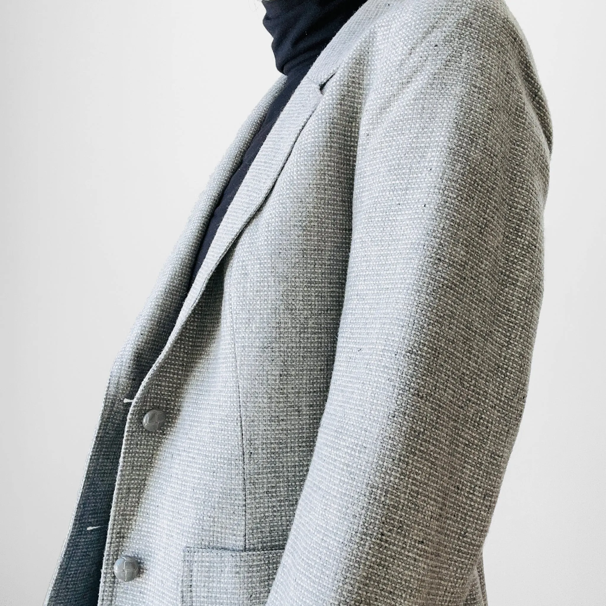 1970s Light Grey and White Wool Blend Tweed Fitted Tailored Blazer Jacket - Sz. S
