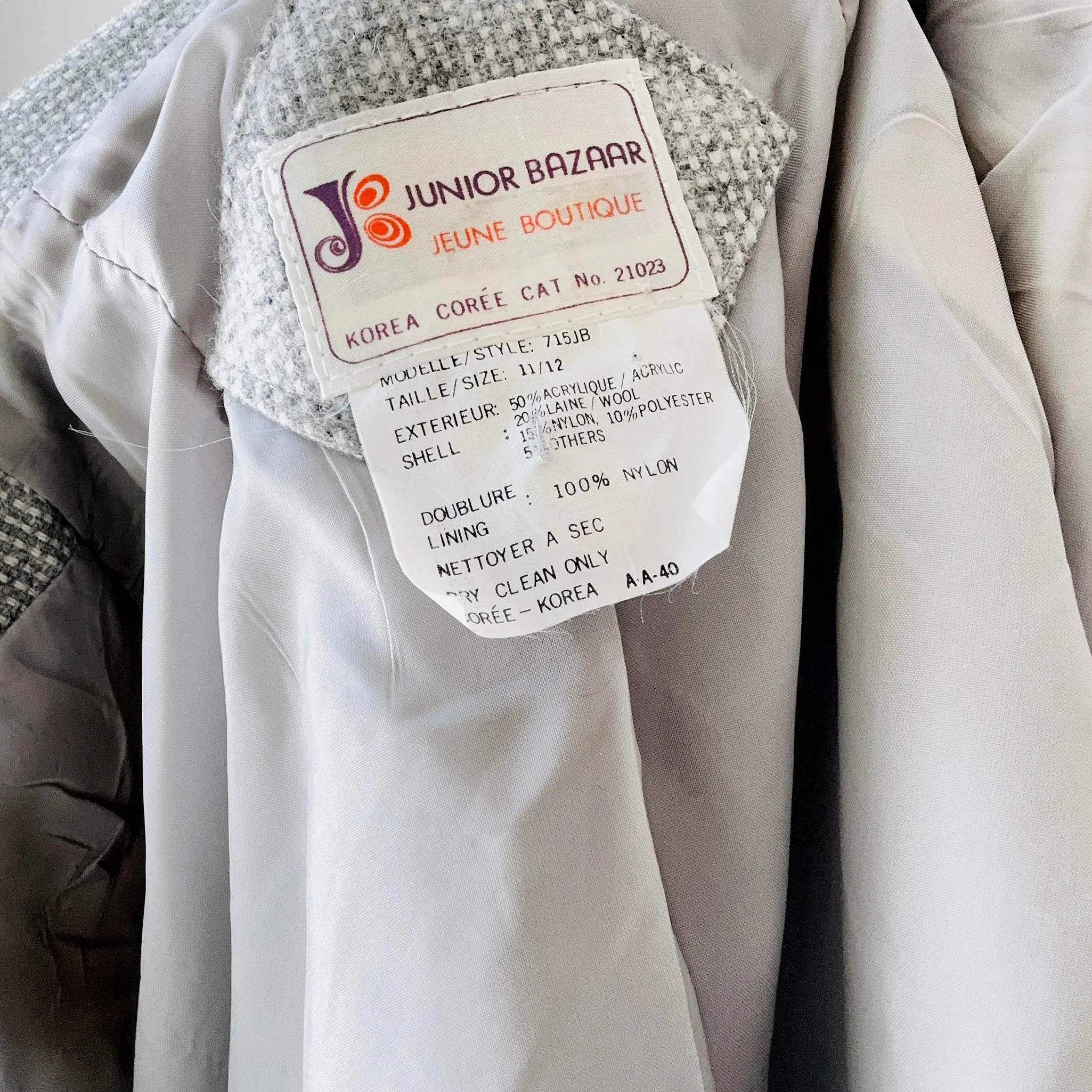 1970s Light Grey and White Wool Blend Tweed Fitted Tailored Blazer Jacket - Sz. S