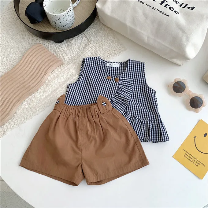 2 Pieces Set Baby Kid Girls Checked Tank Tops And Solid Color Shorts