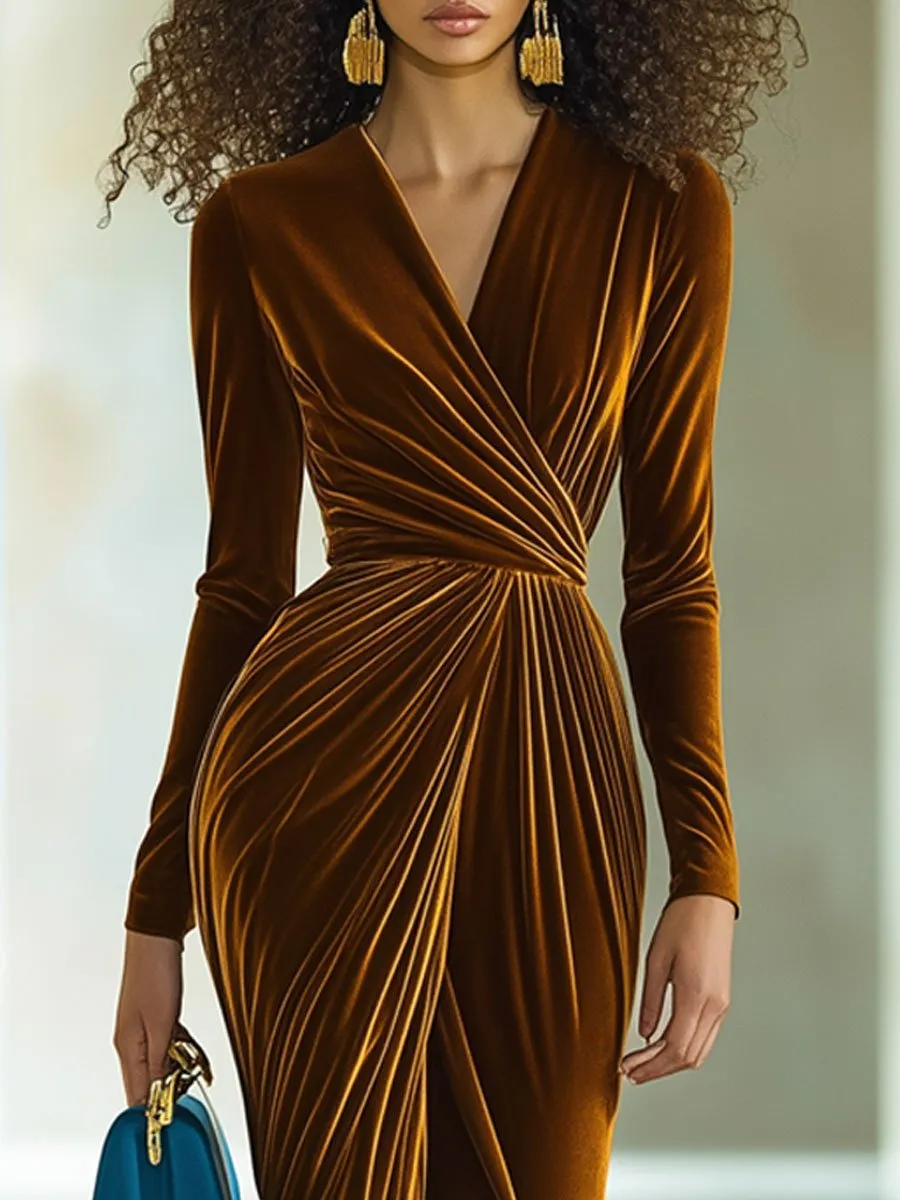 【24-hour shipping】Fashion Vintage Velvet Slit V-Neck Long Sleeve Party Maxi Dress