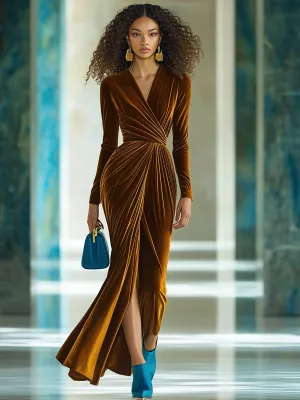 【24-hour shipping】Fashion Vintage Velvet Slit V-Neck Long Sleeve Party Maxi Dress