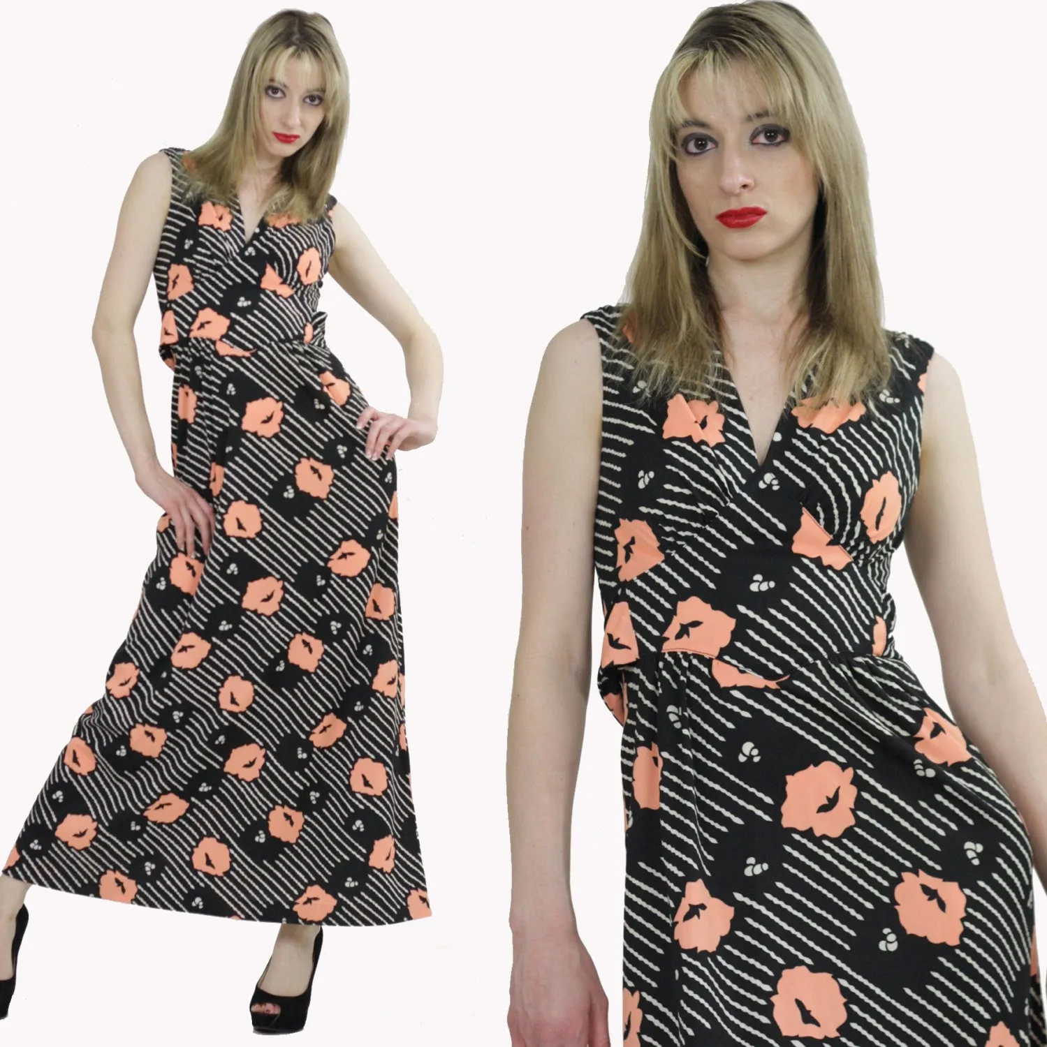 Authentic vintage 70s Boho Maxi dress poppy floral print deep V neck sundress