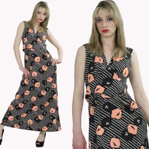 Authentic vintage 70s Boho Maxi dress poppy floral print deep V neck sundress