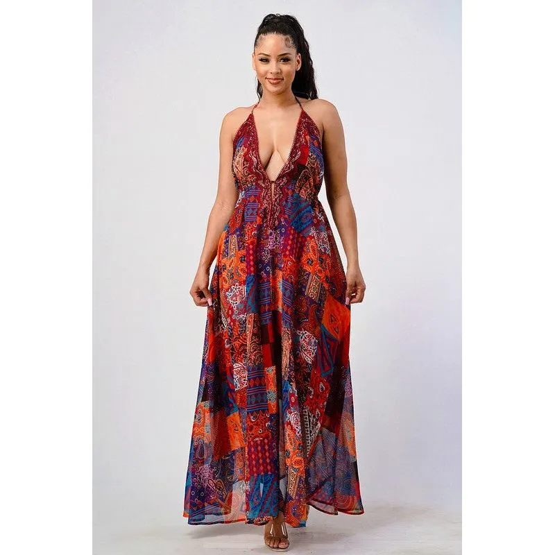 Bohemian print sequin lace trim maxi dress