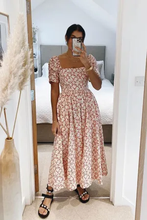 Boho Maxi Dress, Off  Shoulder Sundress, Red Peony