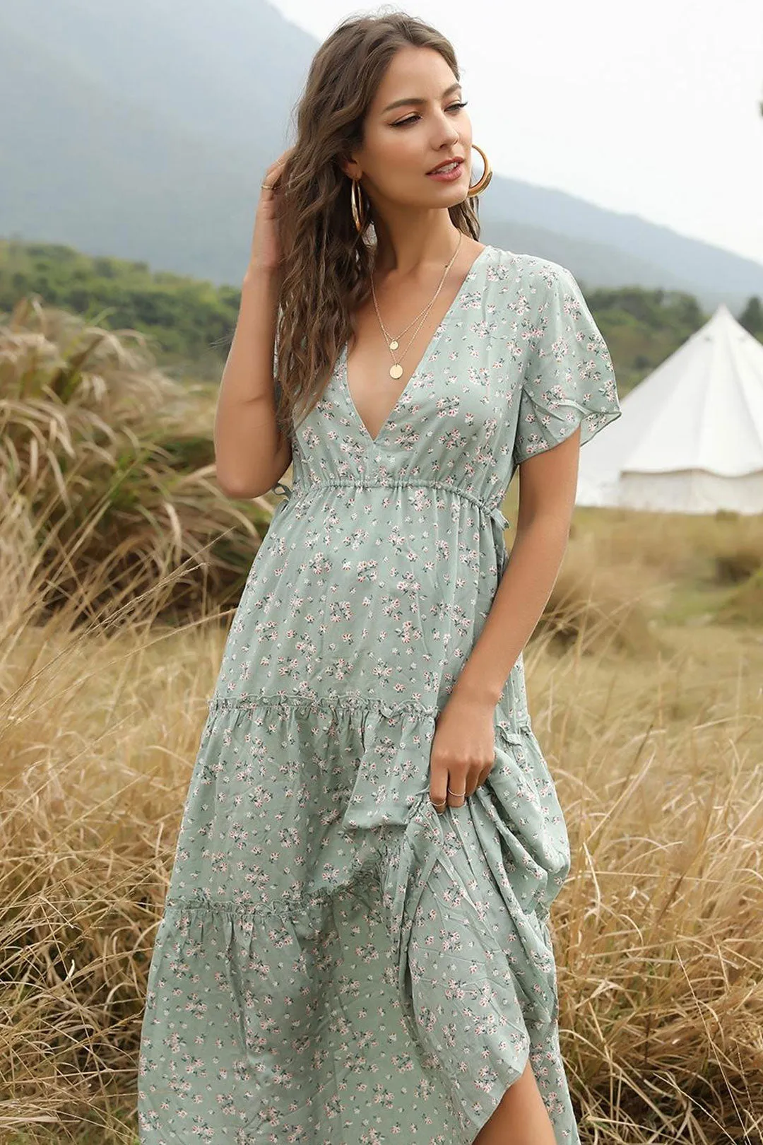 Boho Maxi Dress, Sundress, Serenity in Green