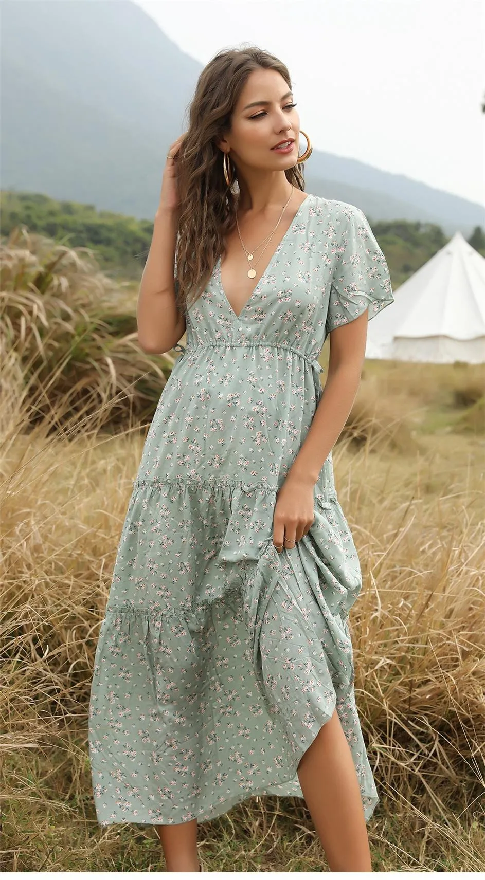Boho Maxi Dress, Sundress, Serenity in Green