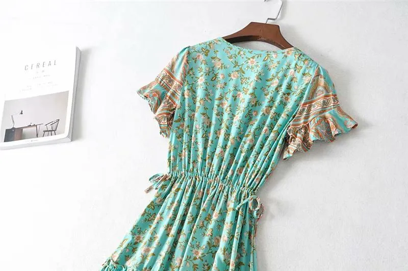 Boho Maxi Dress, Sundress, Wild Floral in Green Mint