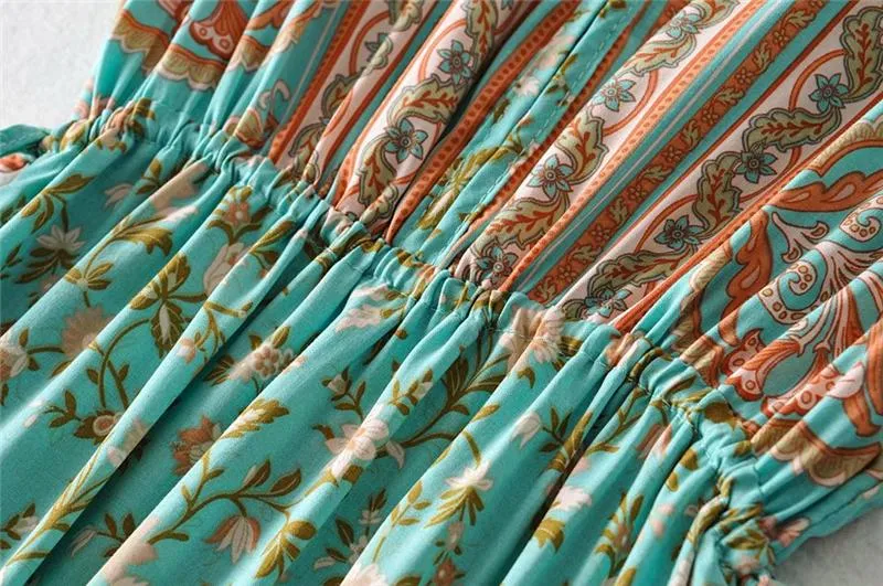 Boho Maxi Dress, Sundress, Wild Floral in Green Mint