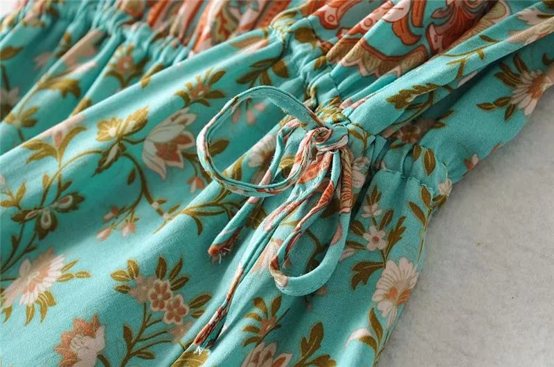 Boho Maxi Dress, Sundress, Wild Floral in Green Mint