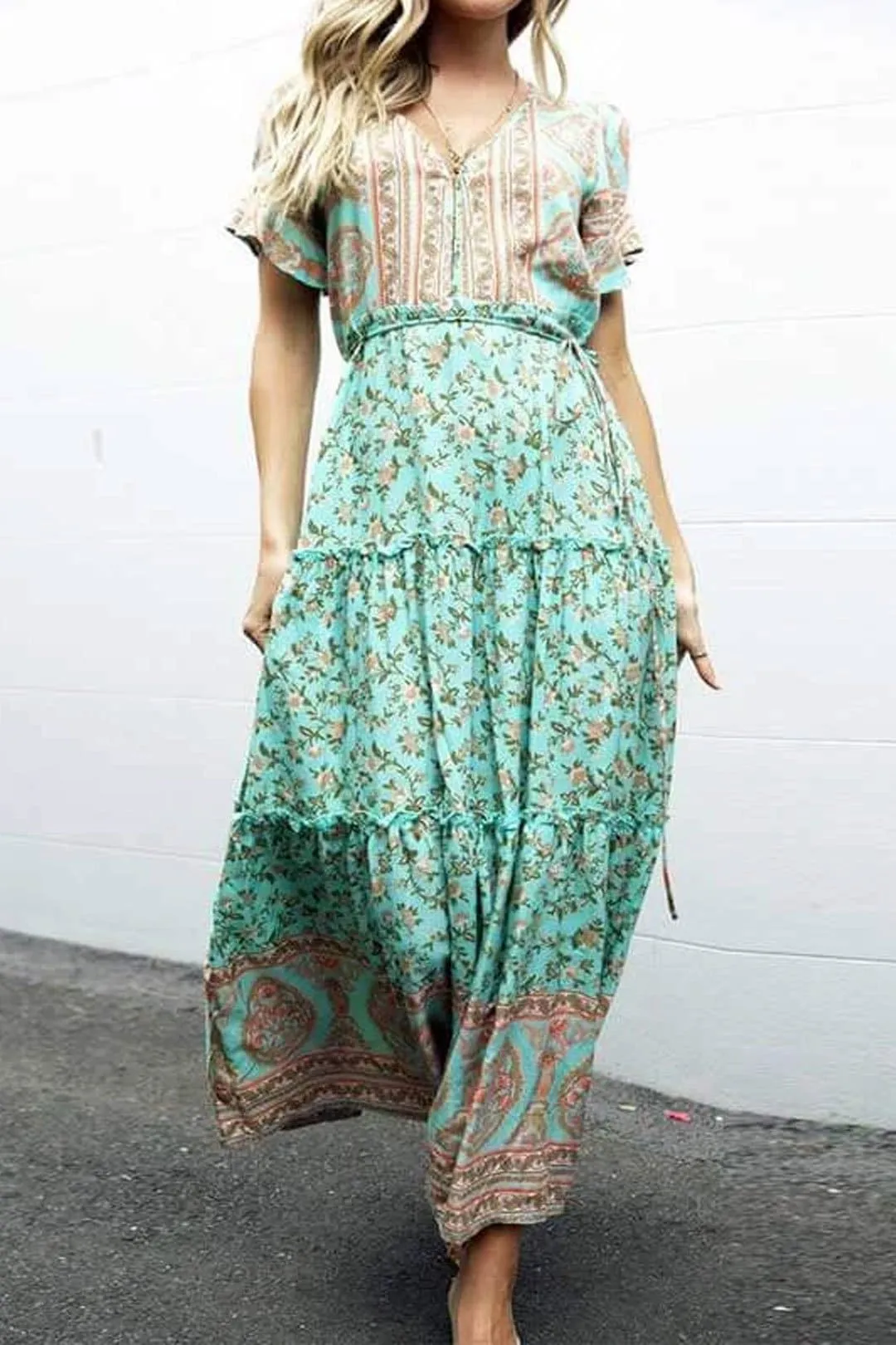 Boho Maxi Dress, Sundress, Wild Floral in Green Mint