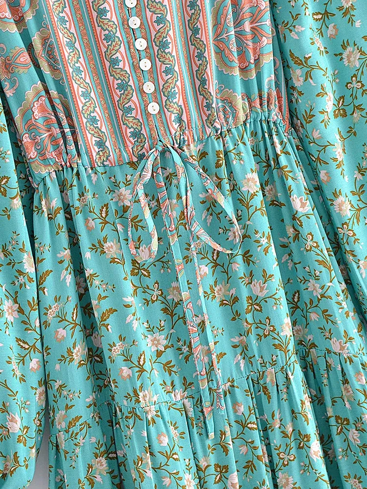 Boho Maxi Dress, Sundress, Wild Floral in Green Mint