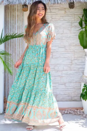 Boho Maxi Dress, Sundress, Wild Floral in Green Mint