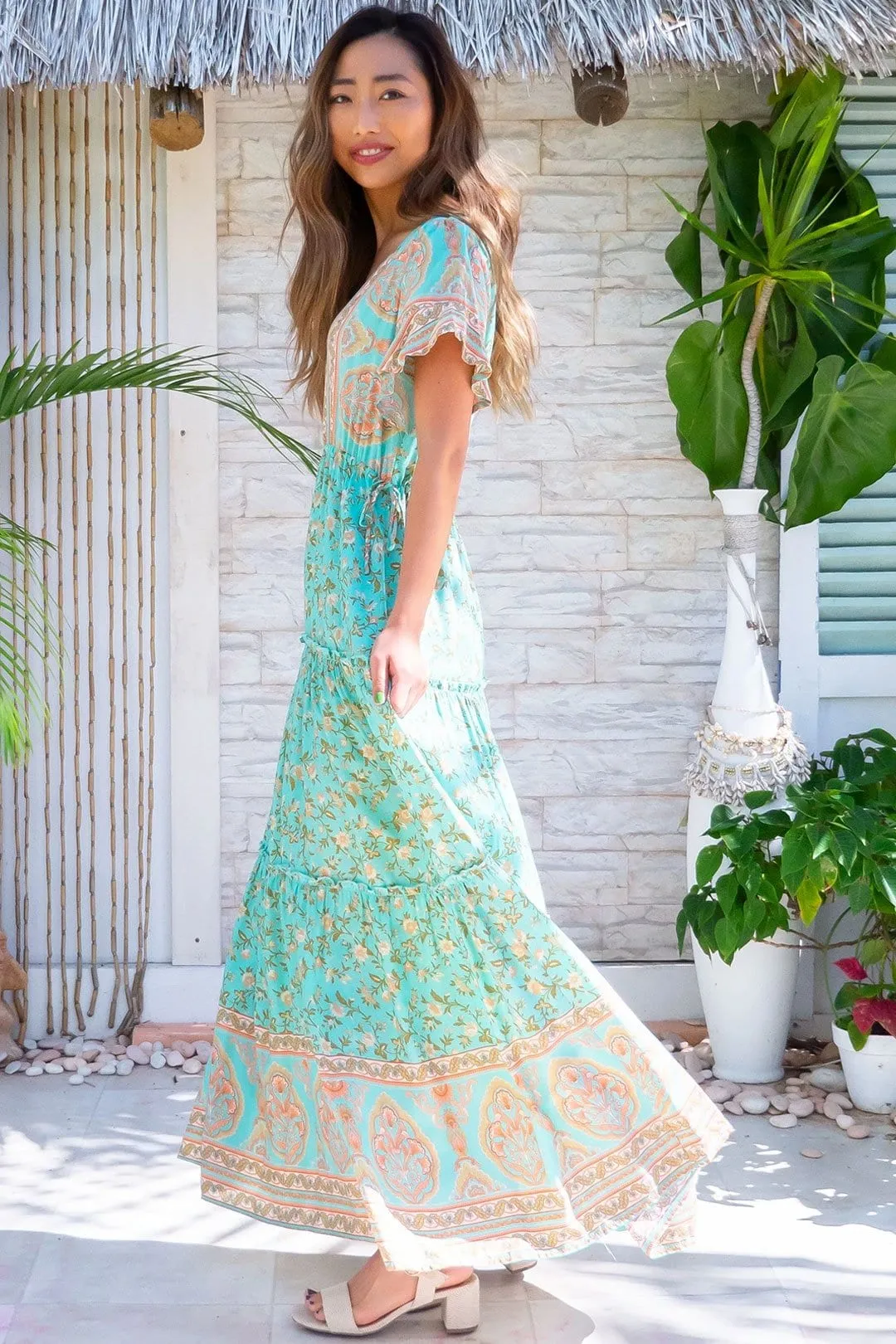 Boho Maxi Dress, Sundress, Wild Floral in Green Mint
