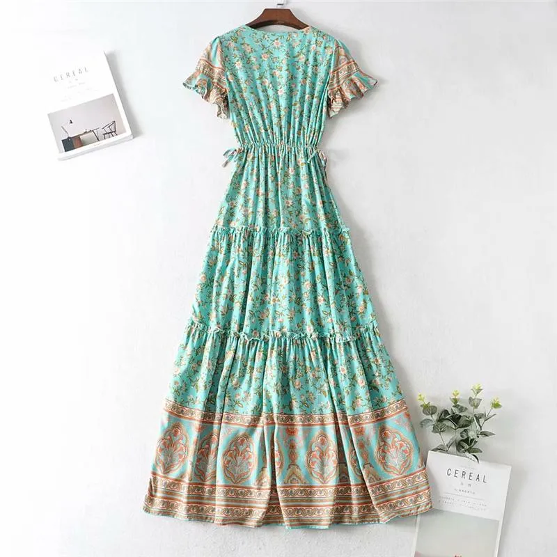 Boho Maxi Dress, Sundress, Wild Floral in Green Mint