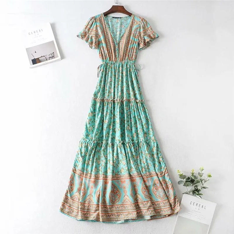 Boho Maxi Dress, Sundress, Wild Floral in Green Mint