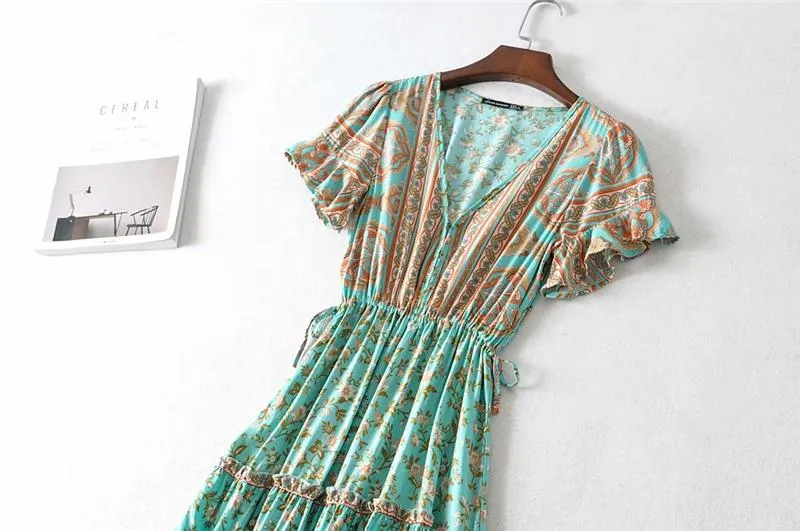 Boho Maxi Dress, Sundress, Wild Floral in Green Mint
