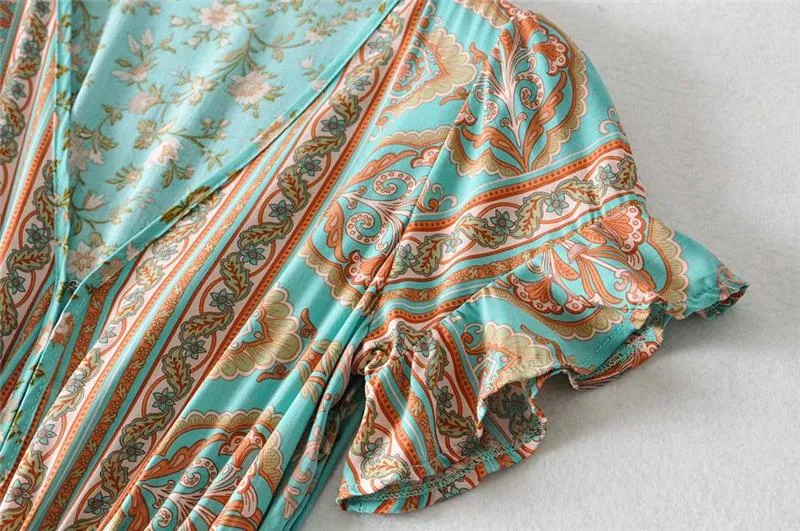 Boho Maxi Dress, Sundress, Wild Floral in Green Mint