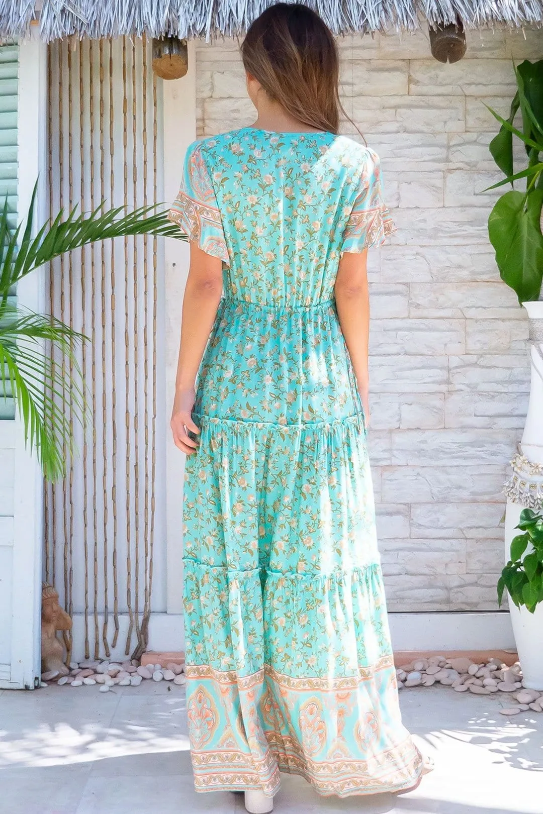 Boho Maxi Dress, Sundress, Wild Floral in Green Mint