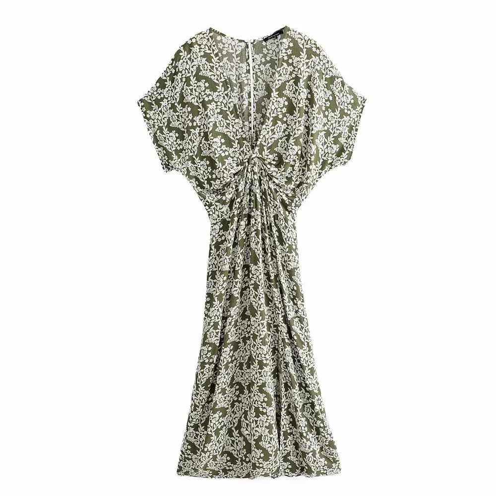 Boho Maxi Dress, Sundress, Wild Floral Vintage Oroslavje in Moss Green