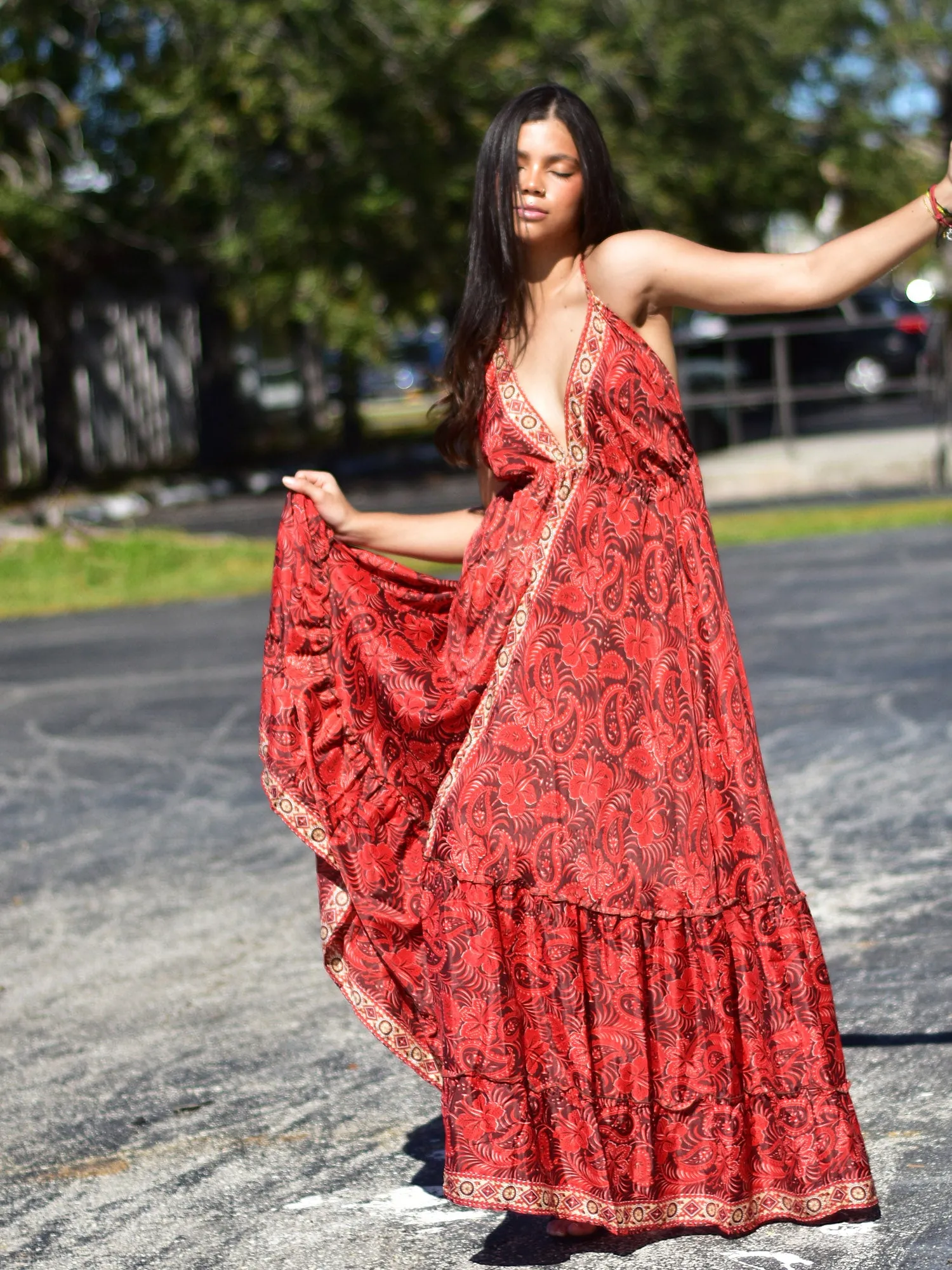Boho Silk Ruffled Goddess Halter Neck Party Beach Summer Maxi Dress Mona