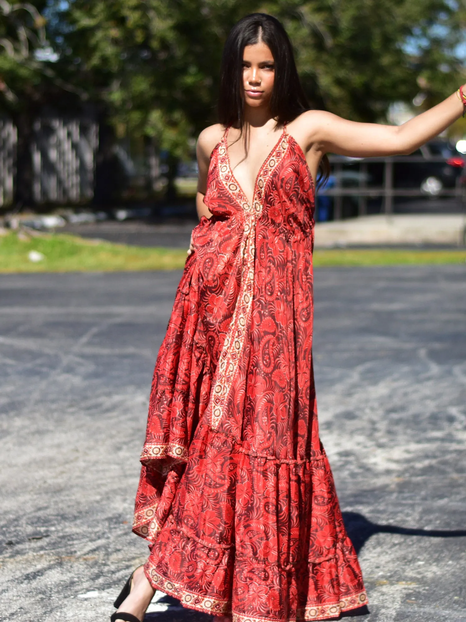 Boho Silk Ruffled Goddess Halter Neck Party Beach Summer Maxi Dress Mona