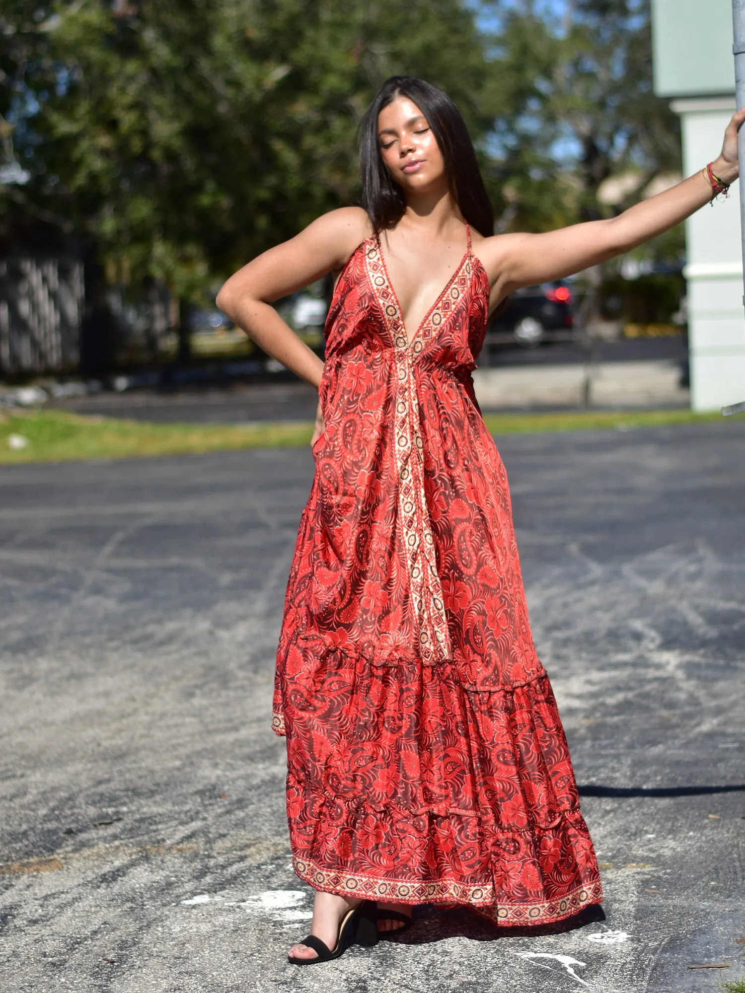 Boho Silk Ruffled Goddess Halter Neck Party Beach Summer Maxi Dress Mona