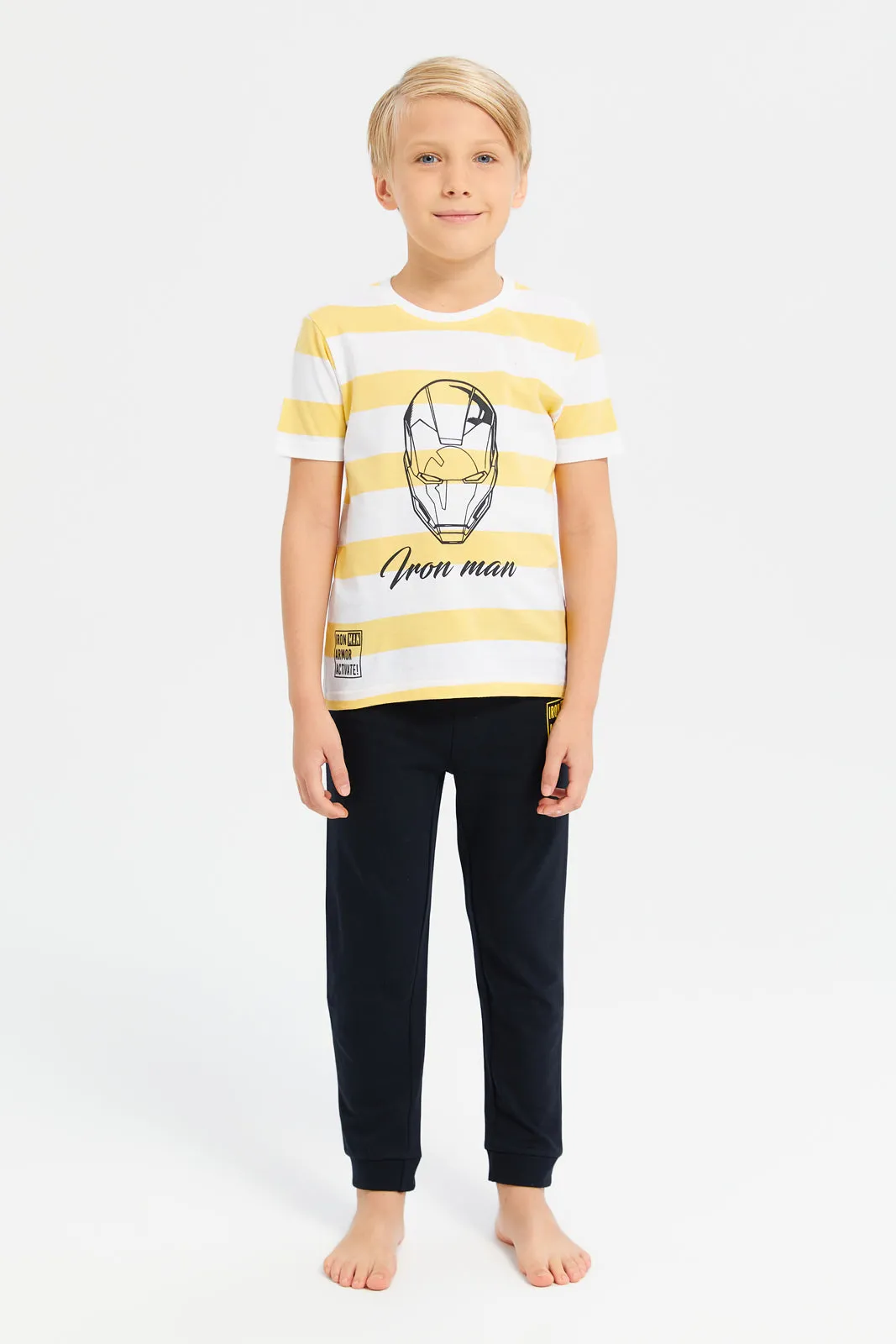 Boys Yellow And Black Stripe Ironman  Pyjama Set (2 Piece)