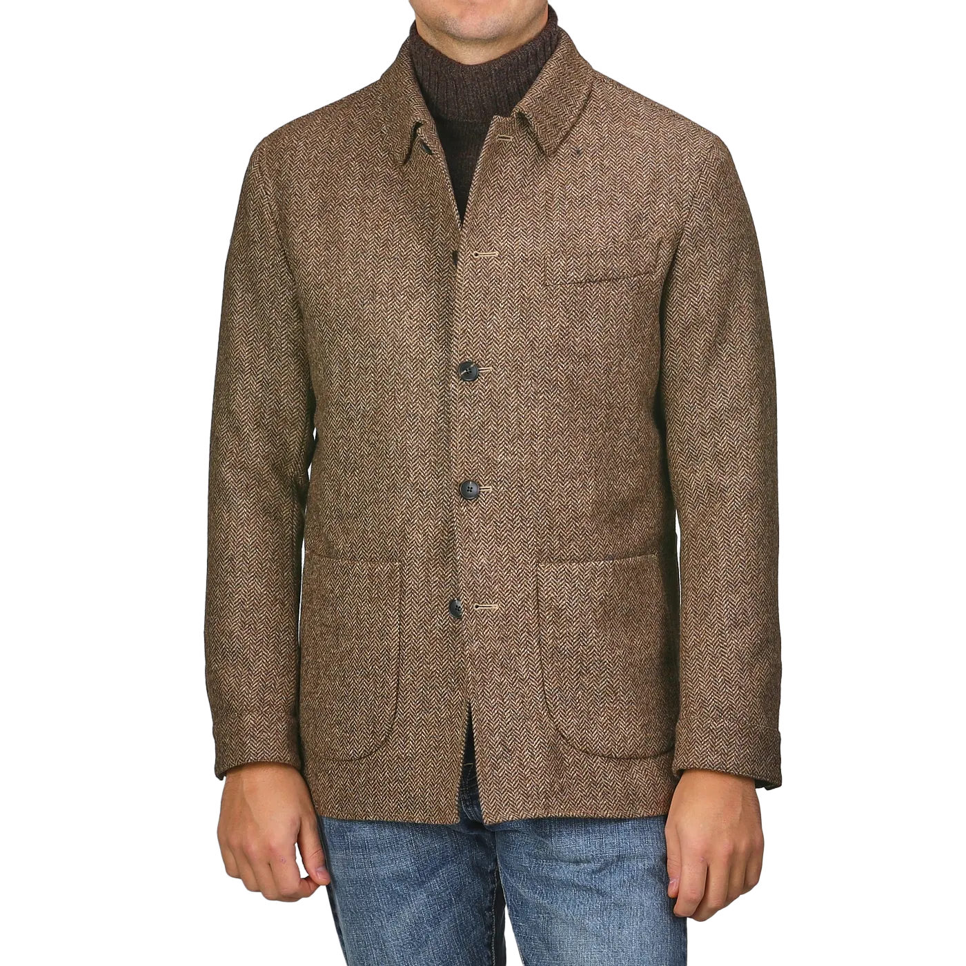 Brown Herringbone Wool Tweed Utility Jacket