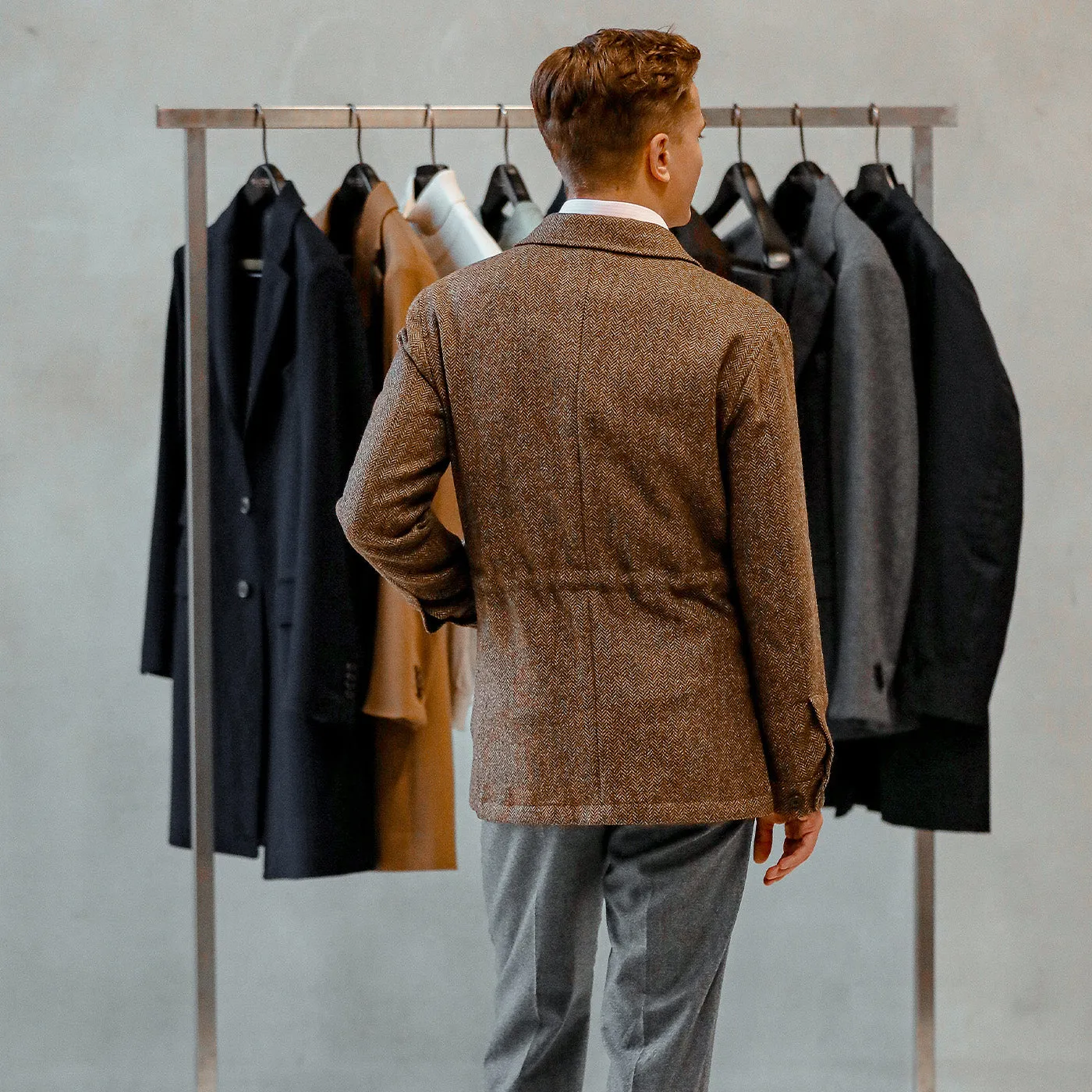 Brown Herringbone Wool Tweed Utility Jacket