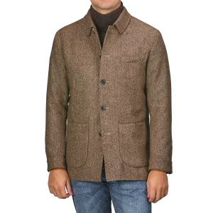 Brown Herringbone Wool Tweed Utility Jacket