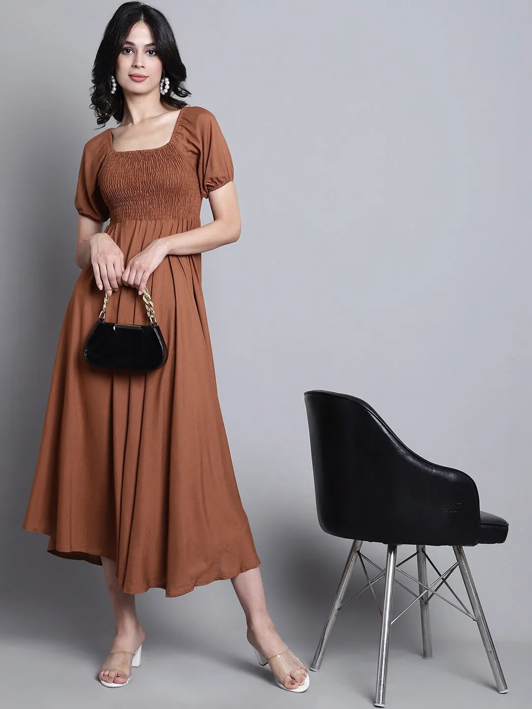 Brown Square Neck Maxi Dress