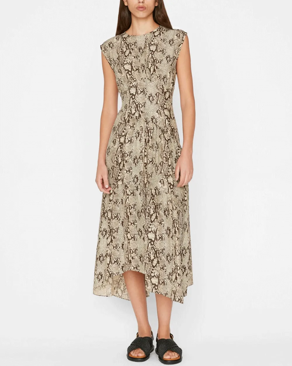 Butter Snake Print Gathered Midi Dress