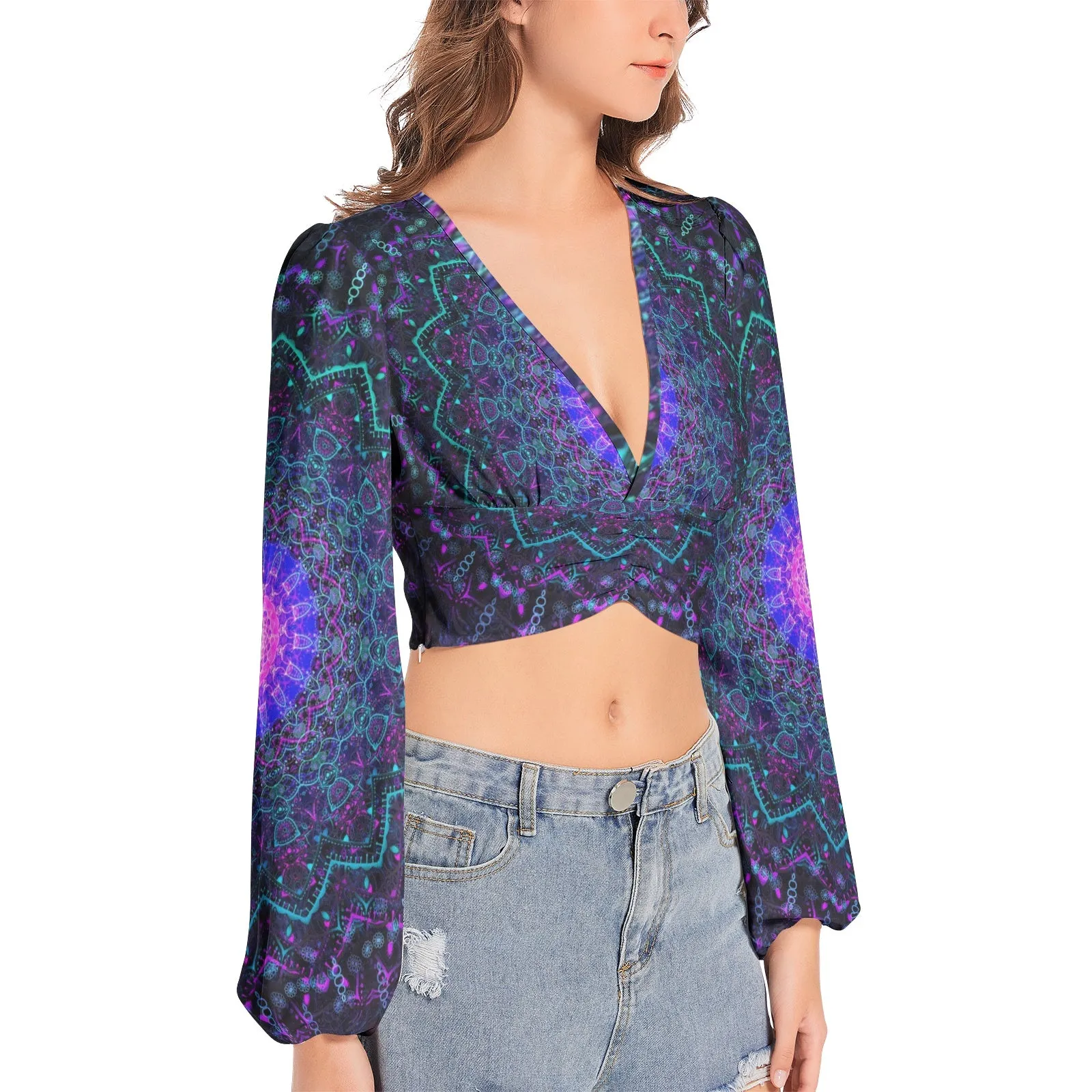 Cameron Gray | Energy Mandala | Women's Deep V-Neck Lantern Sleeve Crop Top