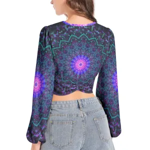 Cameron Gray | Energy Mandala | Women's Deep V-Neck Lantern Sleeve Crop Top