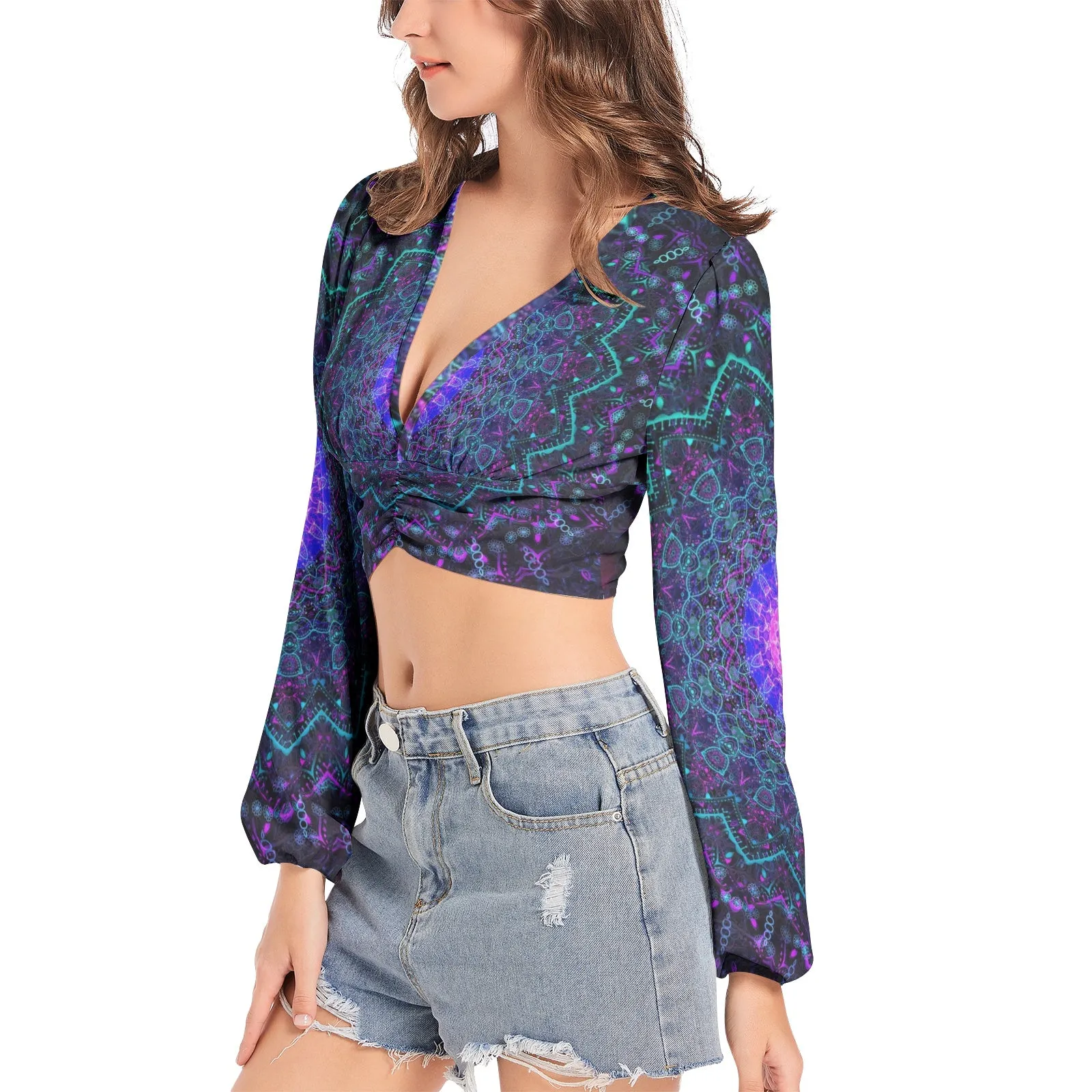 Cameron Gray | Energy Mandala | Women's Deep V-Neck Lantern Sleeve Crop Top