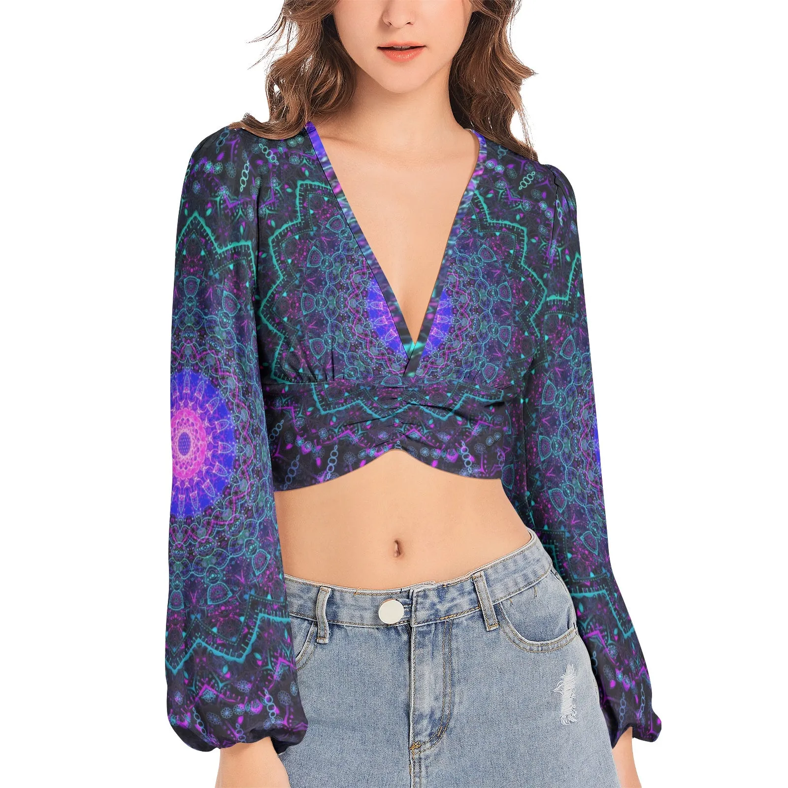 Cameron Gray | Energy Mandala | Women's Deep V-Neck Lantern Sleeve Crop Top