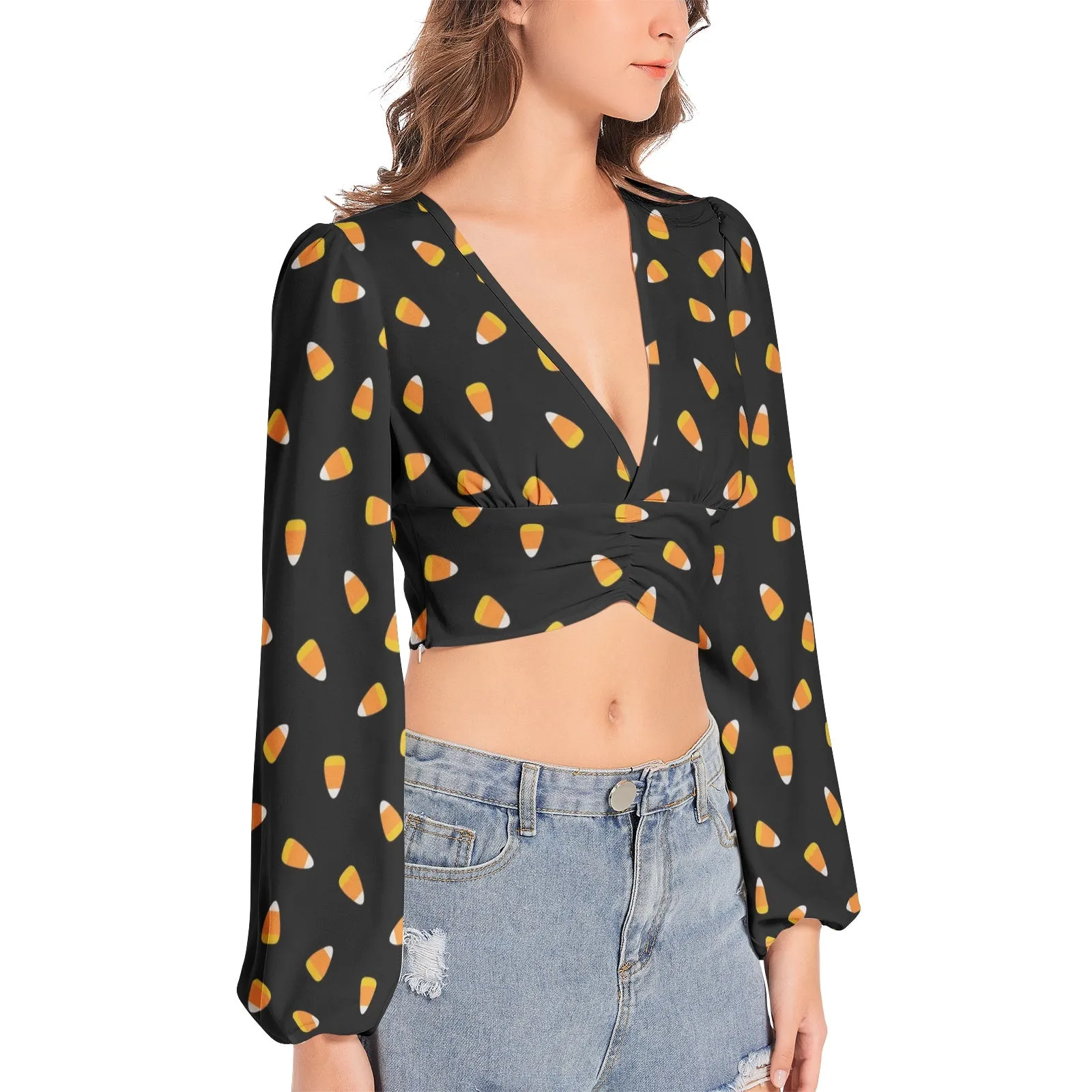 Candy Corn Women's Deep V-Neck Lantern Sleeve Crop Top