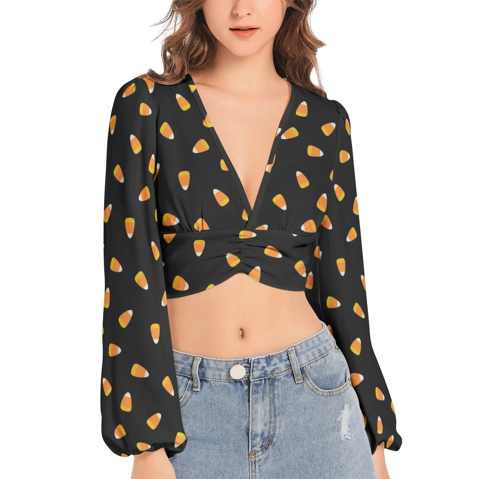 Candy Corn Women's Deep V-Neck Lantern Sleeve Crop Top
