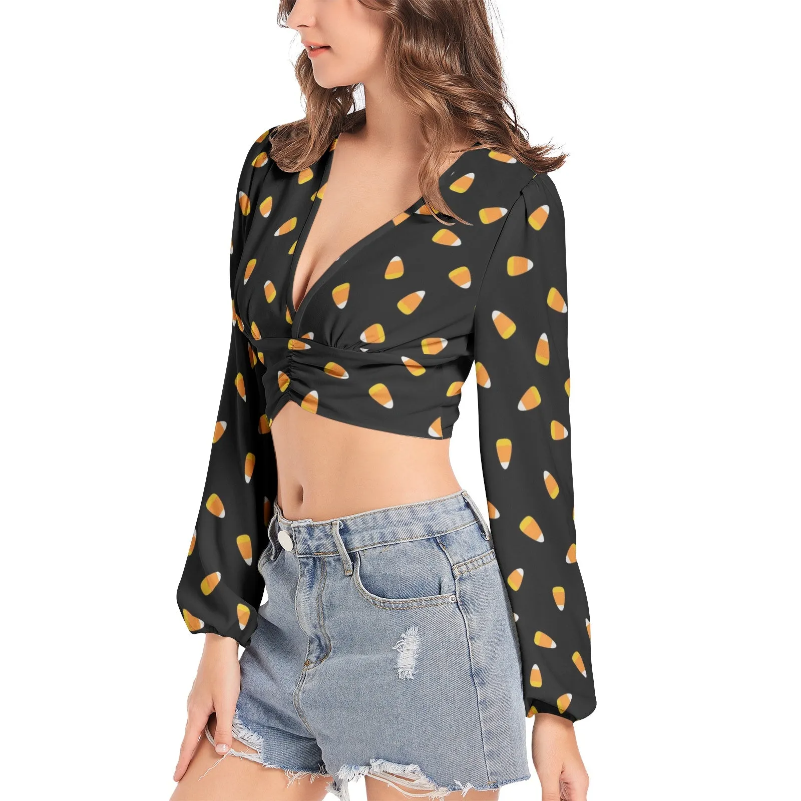 Candy Corn Women's Deep V-Neck Lantern Sleeve Crop Top