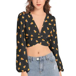 Candy Corn Women's Deep V-Neck Lantern Sleeve Crop Top