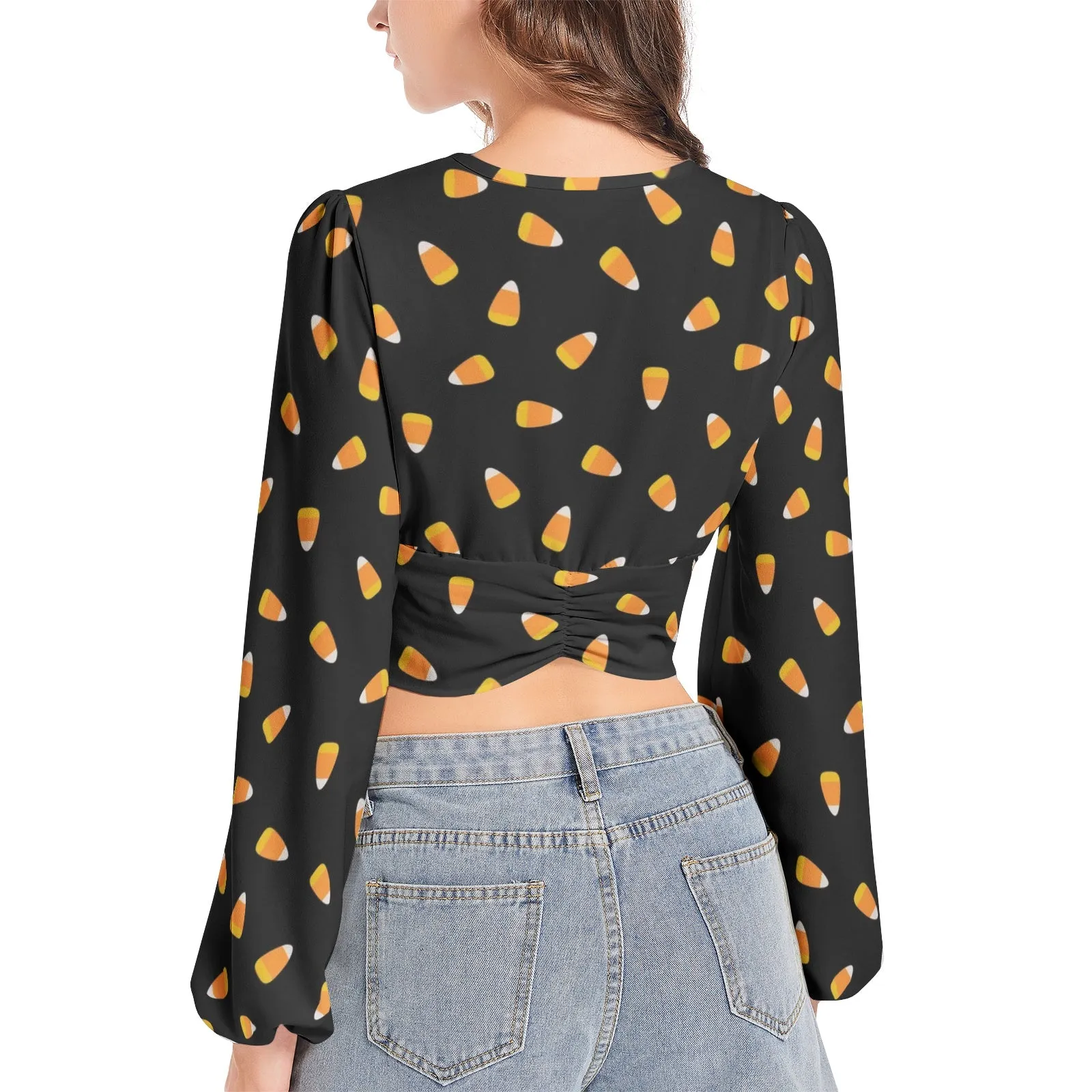 Candy Corn Women's Deep V-Neck Lantern Sleeve Crop Top