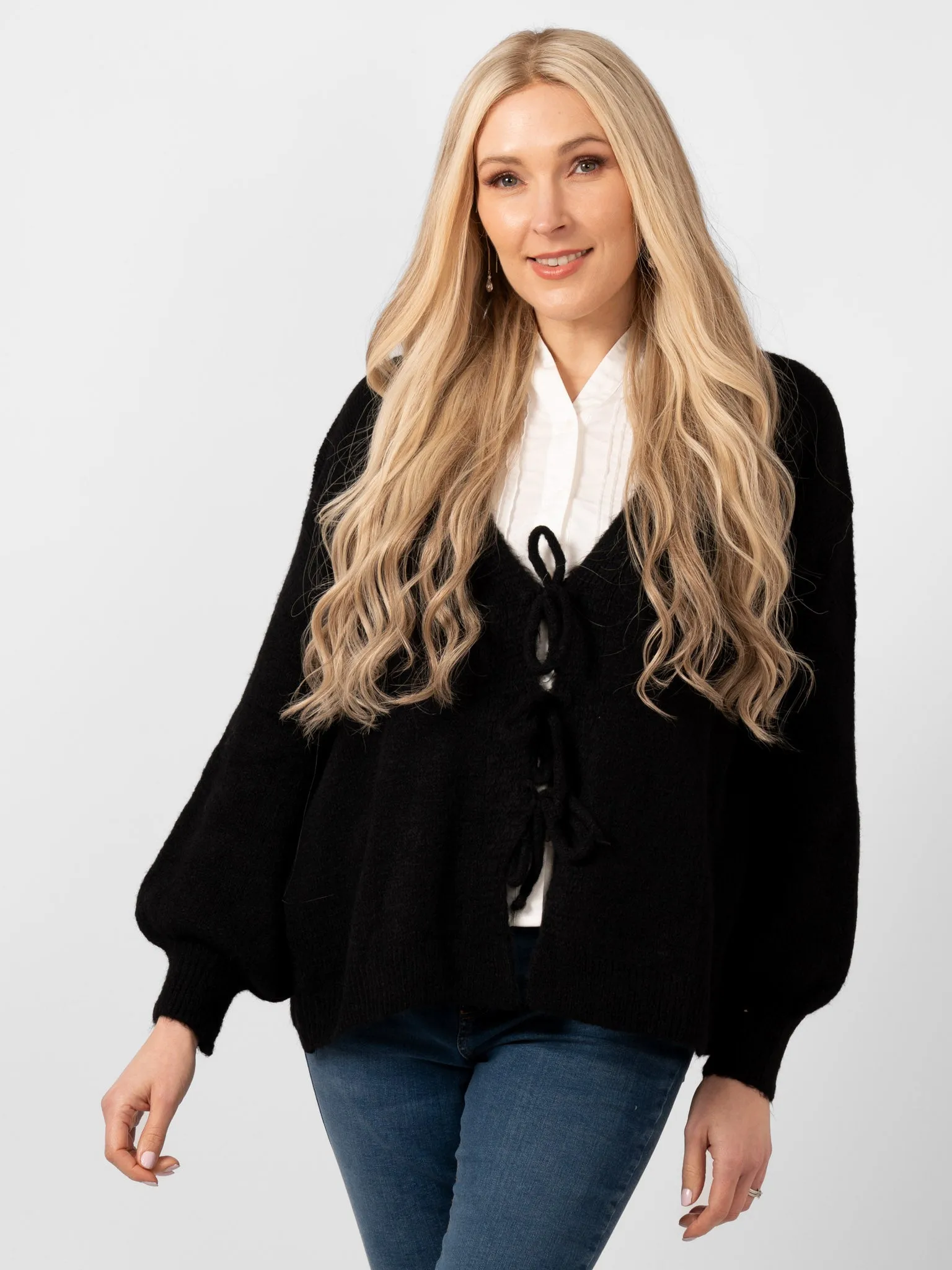 Cassidy Tie Front Wool Blend Cardigan - Black