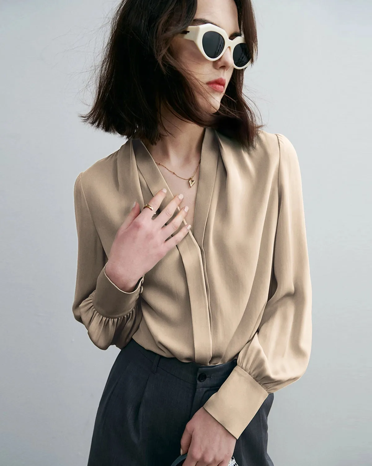 Chic Deep V-Neck Silk Blouse