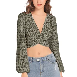 Chur Slavic Symbol Women's Deep V-Neck Lantern Sleeve Crop Top